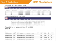 Test & Evaluation ICMP Flood Attack
‘subﬂows’ in ICMP Attack Flow
Events triggered in this case
Flowtable of s1 (attacked by h3, h4, h6)
 
