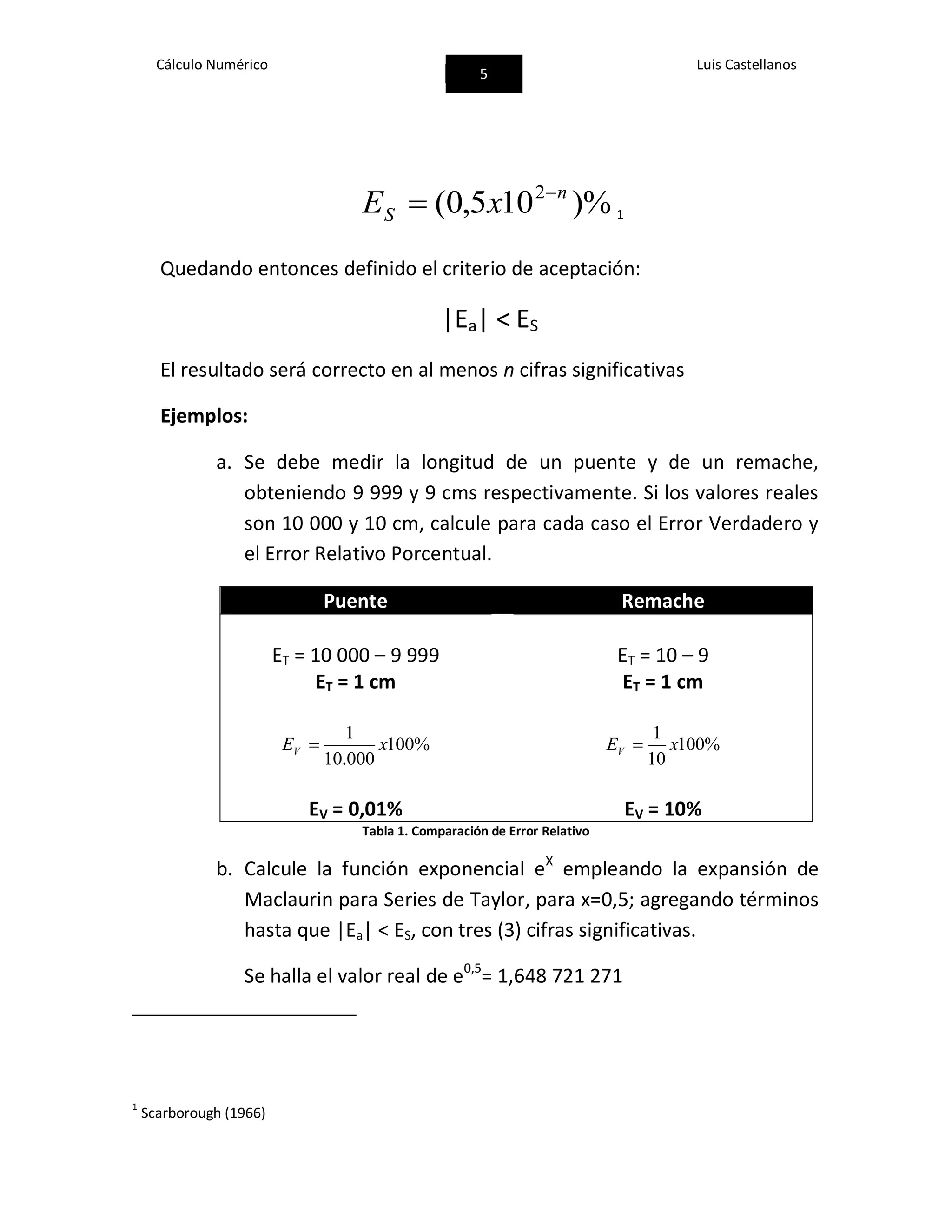Cálculo Numérico
5
Luis Castellanos
)%105,0( 2 n
S xE 
 1
Quedando entonces definido el criterio de aceptación:
|Ea| < ES
El resultado será correcto en al menos n cifras significativas
Ejemplos:
a. Se debe medir la longitud de un puente y de un remache,
obteniendo 9 999 y 9 cms respectivamente. Si los valores reales
son 10 000 y 10 cm, calcule para cada caso el Error Verdadero y
el Error Relativo Porcentual.
Puente Remache
ET = 10 000 – 9 999
ET = 1 cm
ET = 10 – 9
ET = 1 cm
%100
000.10
1
xEV 
EV = 0,01%
%100
10
1
xEV 
EV = 10%
Tabla 1. Comparación de Error Relativo
b. Calcule la función exponencial eX
empleando la expansión de
Maclaurin para Series de Taylor, para x=0,5; agregando términos
hasta que |Ea| < ES, con tres (3) cifras significativas.
Se halla el valor real de e0,5
= 1,648 721 271
1
Scarborough (1966)
 