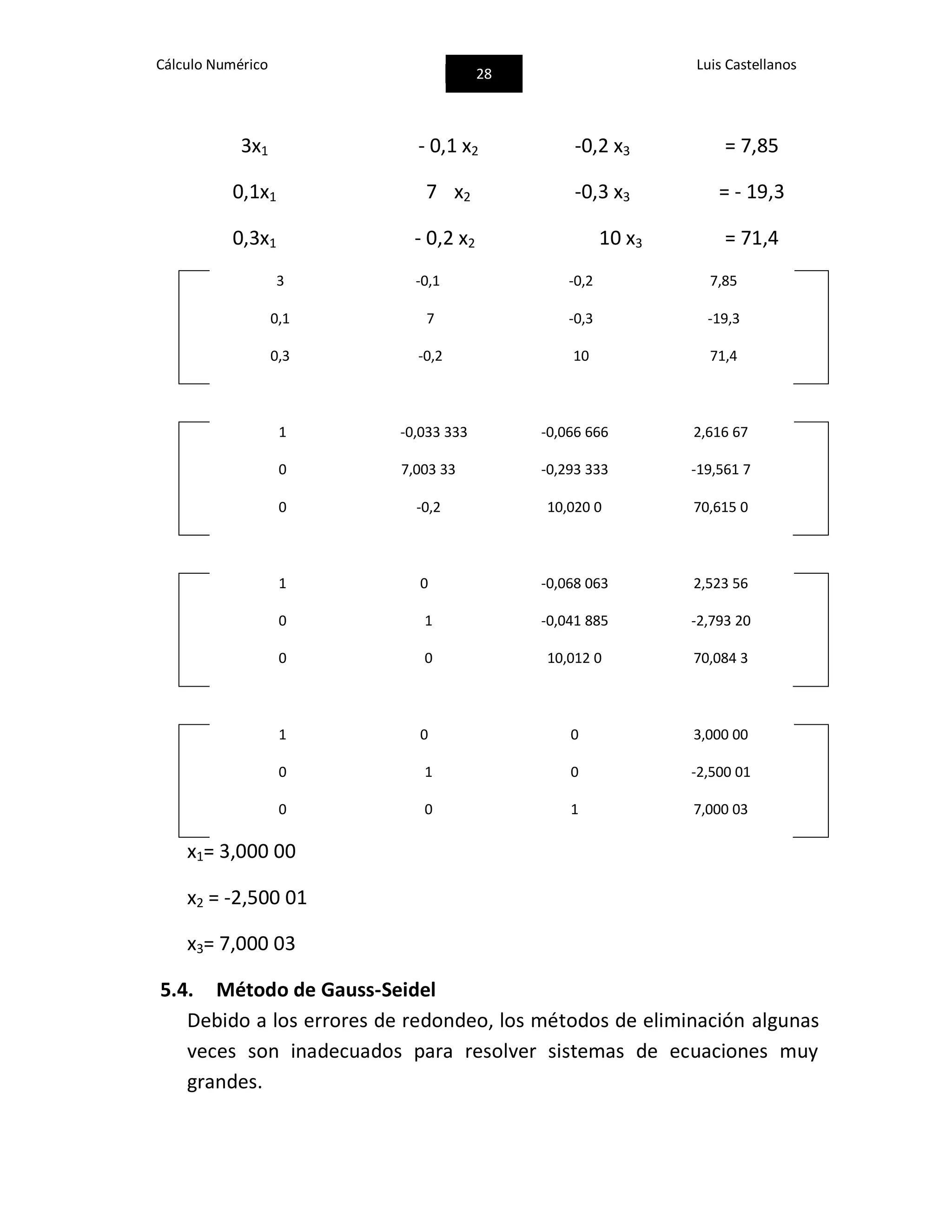 Cálculo Numérico
28
Luis Castellanos
3x1 - 0,1 x2 -0,2 x3 = 7,85
0,1x1 7 x2 -0,3 x3 = - 19,3
0,3x1 - 0,2 x2 10 x3 = 71,4
3 -0,1 -0,2 7,85
0,1 7 -0,3 -19,3
0,3 -0,2 10 71,4
1 -0,033 333 -0,066 666 2,616 67
0 7,003 33 -0,293 333 -19,561 7
0 -0,2 10,020 0 70,615 0
1 0 -0,068 063 2,523 56
0 1 -0,041 885 -2,793 20
0 0 10,012 0 70,084 3
1 0 0 3,000 00
0 1 0 -2,500 01
0 0 1 7,000 03
x1= 3,000 00
x2 = -2,500 01
x3= 7,000 03
5.4. Método de Gauss-Seidel
Debido a los errores de redondeo, los métodos de eliminación algunas
veces son inadecuados para resolver sistemas de ecuaciones muy
grandes.
 