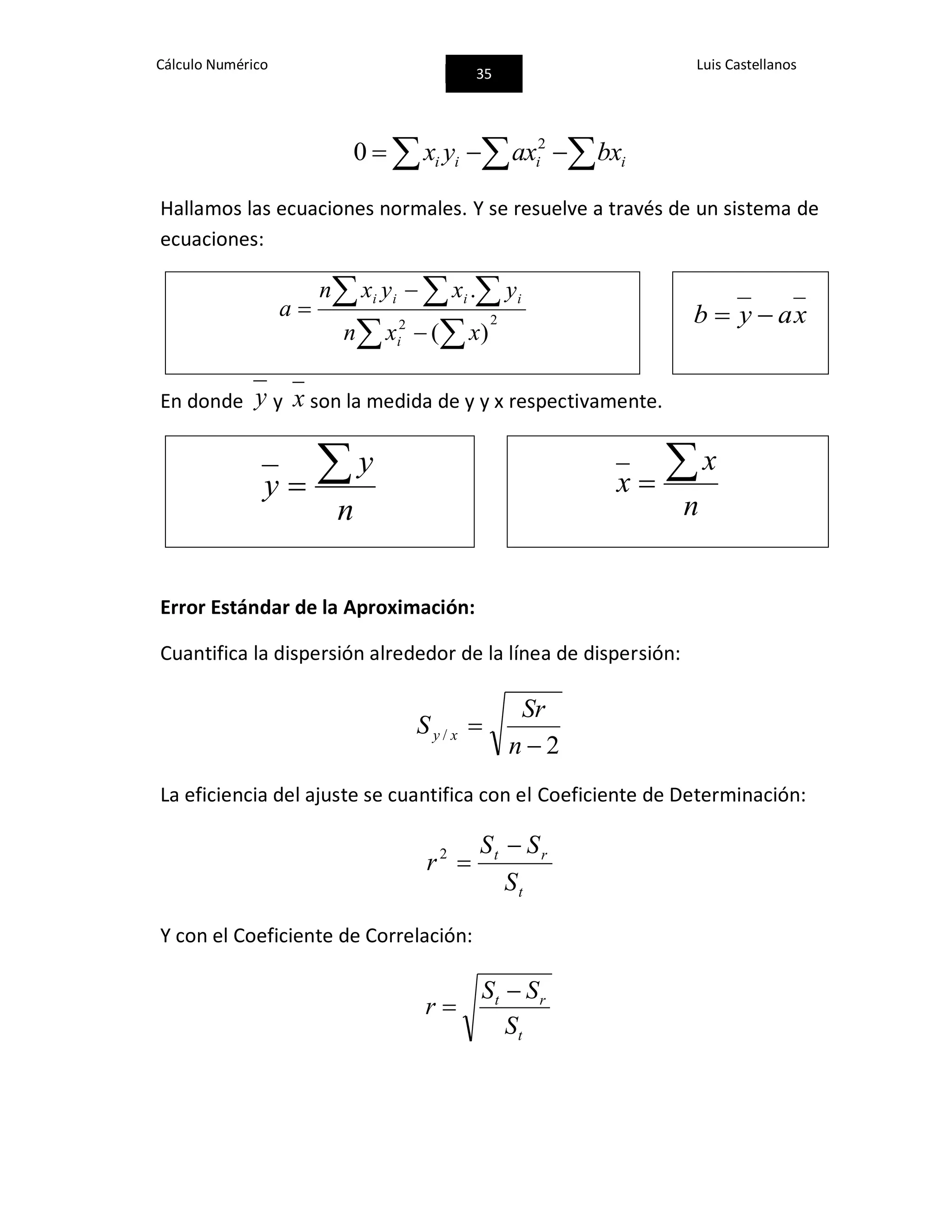 Cálculo Numérico
35
Luis Castellanos
iiii xbaxyx   2
0
Hallamos las ecuaciones normales. Y se resuelve a través de un sistema de
ecuaciones:
22
)(
.
 
  



xxn
yxyxn
a
i
iiii
xayb 
En donde y y x son la medida de y y x respectivamente.
n
y
y 
n
x
x

Error Estándar de la Aproximación:
Cuantifica la dispersión alrededor de la línea de dispersión:
2
/


n
Sr
S xy
La eficiencia del ajuste se cuantifica con el Coeficiente de Determinación:
t
rt
S
SS
r

2
Y con el Coeficiente de Correlación:
t
rt
S
SS
r


 