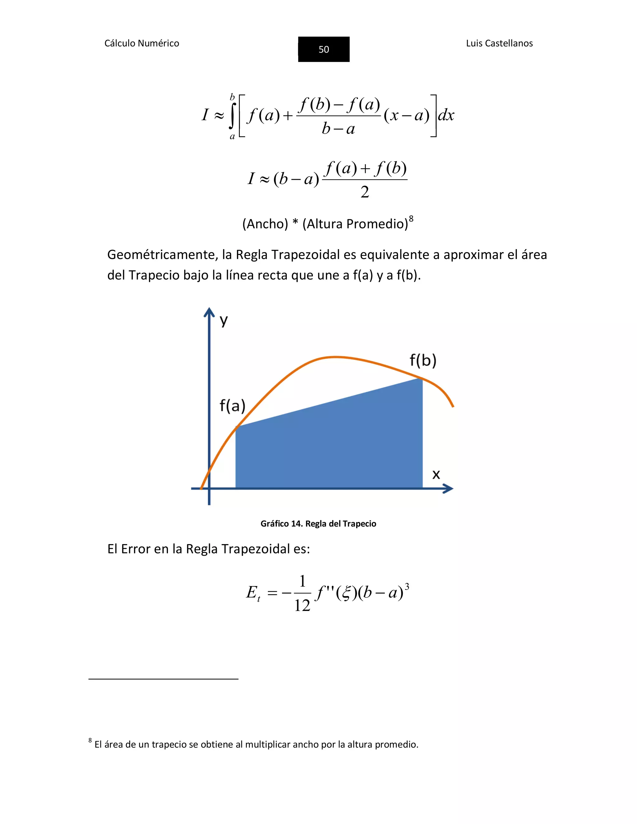Cálculo Numérico
50
Luis Castellanos
 







b
a
dxax
ab
afbf
afI )(
)()(
)(
2
)()(
)(
bfaf
abI


(Ancho) * (Altura Promedio)8
Geométricamente, la Regla Trapezoidal es equivalente a aproximar el área
del Trapecio bajo la línea recta que une a f(a) y a f(b).
Gráfico 14. Regla del Trapecio
El Error en la Regla Trapezoidal es:
3
))((''
12
1
abfEt  
8
El área de un trapecio se obtiene al multiplicar ancho por la altura promedio.
 