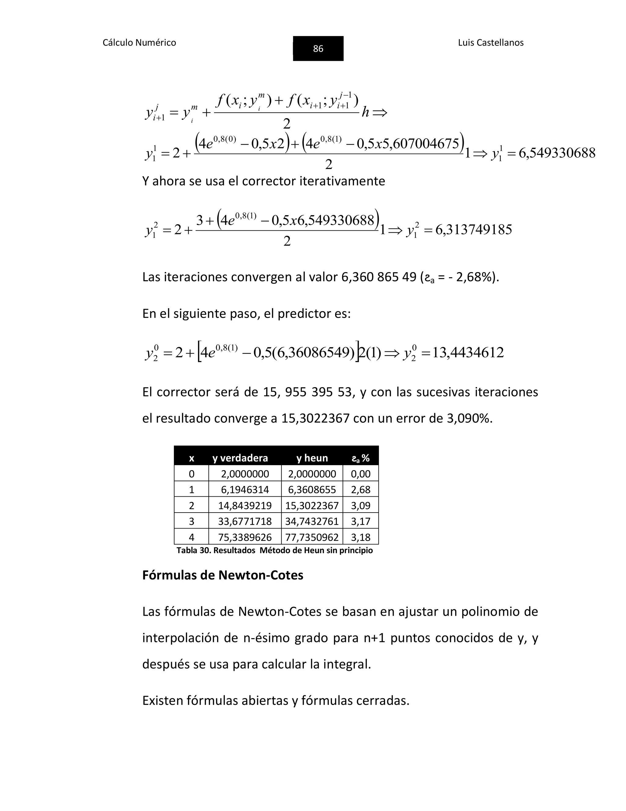 Cálculo Numérico
86
Luis Castellanos





 h
yxfyxf
yy
j
ii
m
imj
i
i
i
2
);();( 1
11
1
    549330688,61
2
607004675,55,0425,04
2 1
1
)1(8,0)0(8,0
1
1 

 y
xexe
y
Y ahora se usa el corrector iterativamente
  313749185,61
2
549330688,65,043
2 2
1
)1(8,0
2
1 

 y
xe
y
Las iteraciones convergen al valor 6,360 865 49 (ϩa = - 2,68%).
En el siguiente paso, el predictor es:
  4434612,13)1(2)36086549,6(5,042 0
2
)1(8,00
2  yey
El corrector será de 15, 955 395 53, y con las sucesivas iteraciones
el resultado converge a 15,3022367 con un error de 3,090%.
x y verdadera y heun ϩa %
0 2,0000000 2,0000000 0,00
1 6,1946314 6,3608655 2,68
2 14,8439219 15,3022367 3,09
3 33,6771718 34,7432761 3,17
4 75,3389626 77,7350962 3,18
Tabla 30. Resultados Método de Heun sin principio
Fórmulas de Newton-Cotes
Las fórmulas de Newton-Cotes se basan en ajustar un polinomio de
interpolación de n-ésimo grado para n+1 puntos conocidos de y, y
después se usa para calcular la integral.
Existen fórmulas abiertas y fórmulas cerradas.
 