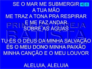 SE O MAR ME SUBMERGIR
A TUA MÃO
ME TRAZ A TONA PRA RESPIRAR
E ME FAZ ANDAR
SOBRE AS ÁGUAS
TU ÉS O DEUS DA MINHA SALVAÇÃO
ÉS O MEU DONO MINHA PAIXÃO
MINHA CANÇÃO E O MEU LOUVOR
ALELUIA, ALELUIA
 