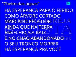 “Cheiro das águas”
HÁ ESPERANÇA PARA O FERIDO
COMO ÁRVORE CORTADO
MARCADO PELA DOR
AINDA QUE NA TERRA
ENVELHEÇA A RAIZ
E NO CHÃO ABANDONADO
O SEU TRONCO MORRER
HÁ ESPERANÇA PRA VOCÊ
 