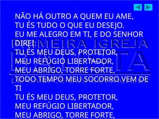 NÃO HÁ OUTRO A QUEM EU AME,
TU ÉS TUDO O QUE EU DESEJO.
EU ME ALEGRO EM TI, E DO SENHOR
DIREI:
TU ÉS MEU DEUS, PROTETOR,
MEU REFÚGIO LIBERTADOR,
MEU ABRIGO, TORRE FORTE,
TODO TEMPO MEU SOCORRO VEM DE
TI
TU ÉS MEU DEUS, PROTETOR,
MEU REFÚGIO LIBERTADOR,
MEU ABRIGO, TORRE FORTE,
 