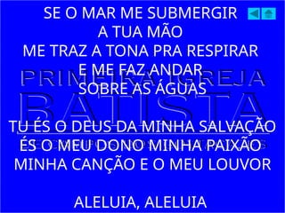 SE O MAR ME SUBMERGIR
A TUA MÃO
ME TRAZ A TONA PRA RESPIRAR
E ME FAZ ANDAR
SOBRE AS ÁGUAS
TU ÉS O DEUS DA MINHA SALVAÇÃO
ÉS O MEU DONO MINHA PAIXÃO
MINHA CANÇÃO E O MEU LOUVOR
ALELUIA, ALELUIA
 