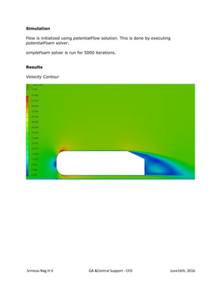 Srinivas Nag H.V QA &Central Support - CFD June16th, 2016
Simulation
Flow is initialized using potentialFlow solution. This is done by executing
potentialFoam solver.
simpleFoam solver is run for 5000 iterations.
Results
Velocity Contour
 