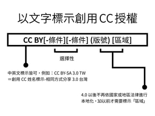 以⽂字標⽰創⽤CC授權
CC BY[-條件][-條件] (版號) [區域]
4.0 以後不再依國家或地區法律進⾏
本地化，3.0以前才需要標⽰「區域」
中英⽂標⽰皆可，例如：CC BY-SA 3.0 TW
＝創⽤ CC 姓名標⽰-相同⽅式分享 3.0 台灣
選擇性
 