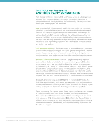 A CASE STUDY OF SUCCESSFUL ORGANIZATIONAL RESTRUCTURING 20
THE ROLE OF PARTNERS
AND THIRD-PARTY CONSULTANTS
As is the case with many mergers, SUS and Palladia turned to outside partners
and third-party consultants to aid them in both evaluating the potential of a
merger between the two organizations and implementing the integration plan.
These were the key players and their roles:
BDO served as SUS’ financial auditor. SUS knew at the outset that the merger
presented a complex financial picture and in-depth financial due diligence was
critical to SUS’ ability to properly analyze the risks involved in the merger. BDO
worked closely with SUS financial staff to ask the right questions and find the
answers. In addition, funding partners, including banks, were concerned about
the short-, mid- and long-term financial implications of the merger for SUS. BDO
was able to assist in providing projections that satisfied both boards as well as
key funders and lenders.
Curt Middleton Design is a design firm that SUS engaged to assist it in creating
external communications strategies, messages, graphics and products. The firm
created the post-merger communications theme and helped design the first
post-merger direct mail package and a short video that talked about the merger.
Enterprise Community Partners has been a long-term and vitally important
partner of both SUS and Palladia for 20 years, contributing nearly $38 million
in investments, grants and loans. In 1996, Enterprise made a $2.4 million low-
income housing tax credit (LIHTC) investment in Palladia’s Cedar Tremont House.
Since that time Enterprise has invested in eight additional SUS/Palladia LIHTC
projects with over $34 million in LIHTC equity to create more than 300 units for
low-income households and formerly homeless people in New York. Additionally,
between 2005 and 2011, Palladia received $3.25 million in loans from Enterprise.
Since 2011, Enterprise has provided $480,000 in grants to SUS/Palladia. The
Enterprise relationship with SUS/Palladia also expanded to include participation
in Enterprise’s Resilience Learning Collaborative, acquisition and working capital
lending, participation in the Build it Back Program and resiliency efforts.
Today, post-merger, SUS serves nearly 12,000 low-income New Yorkers through
its community-based sites in the Bronx, Brooklyn, Manhattan, Queens and
Nassau County, and Enterprise has continued to support its growth and invest
in its success. In 2012, Enterprise invested $6.9 million in the Truxton Project in
Brooklyn, which created 48 new units, 39 of which are reserved for the formerly
homeless or those with special needs, and has more recently underwritten the
Third Avenue project.
 