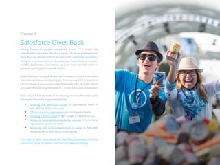 Among Salesforce’s greatest innovations is our 1-1-1 model: the
commitment to put aside 1% of our equity, 1% of our employee time,
and 1% of our product to form the basis of the Salesforce Foundation.
Giving back is an essential part of our business model: Since its inception
in 2000, the Salesforce Foundation has given more than $85 million in
grants across the global nonprofit sectors.
As any Salesforce employee knows, the Foundation is much more than a
corporate social responsibility program. It is also a way of life at Salesforce.
Each employee is given six paid days of volunteer time each year, and in
2015, we hit the exciting milestone of 1 million total hours volunteered.
Here are just a few examples of the inspiring work our Foundation and
employees have done to give back globally:
•	 Providing free Salesforce licenses to organizations based in
Haiti after the 2010 earthquake
•	 Offering pro bono legal assistance to immigrant children
•	 Donating 3 million meals to fight hunger at Dreamforce ’14
•	 Giving pro bono technical and other services to community
organizations around the world
•	 Partnering with local entrepreneurs in Nepal to help with
rebuilding efforts after the 2015 earthquake
Click here to learn more about the Salesforce Foundation and how
some of our most innovative customers are powering change.
Chapter 5
Salesforce Gives Back
19 /
 