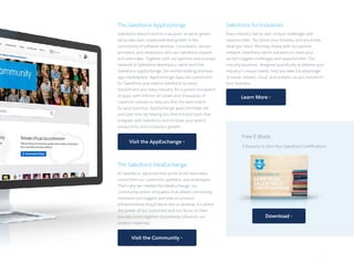 The Salesforce AppExchange
Salesforce doesn’t exist in a vacuum: as we’ve grown,
we’ve also seen unprecedented growth in the
community of software vendors, consultants, service
providers, and developers who are Salesforce experts
and advocates. Together with our partners and a broad
network of Salesforce developers, we’ve built the
Salesforce AppExchange, the world’s leading business
app marketplace. AppExchange apps are customized
for Salesforce and extend Salesforce to every
department and every industry. It’s a proven ecosystem
of apps, with millions of installs and thousands of
customer reviews to help you find the best match
for your business. AppExchange apps eliminate risk
and save time by helping you find the best tools that
integrate with Salesforce and increase your team’s
productivity and company’s growth.
The Salesforce IdeaExchange
At Salesforce, we know that some of the best ideas
come from our customers, partners, and employees.
That’s why we created the IdeaExchange, our
community-driven innovation hub where community
members can suggest and vote on product
enhancements they’d like to see us develop. It’s where
the power of our customers and our focus on their
success come together to positively influence our
product roadmap.
Salesforce for Industries
Every industry has its own unique challenges and
opportunities. You know your industry, and you know
what you need. Working closely with our partner
network, Salesforce tailors solutions to meet your
sector’s biggest challenges and opportunities. Our
industry solutions, designed specifically to address your
industry’s unique needs, help you take full advantage
of social, mobile, cloud, and analytics as you transform
your business.
Free E-Book:
5 Reasons to Earn Your Salesforce Certifications
4 /4 /
Visit the AppExchange ›
Visit the Community ›
Learn More ›
Download ›
 