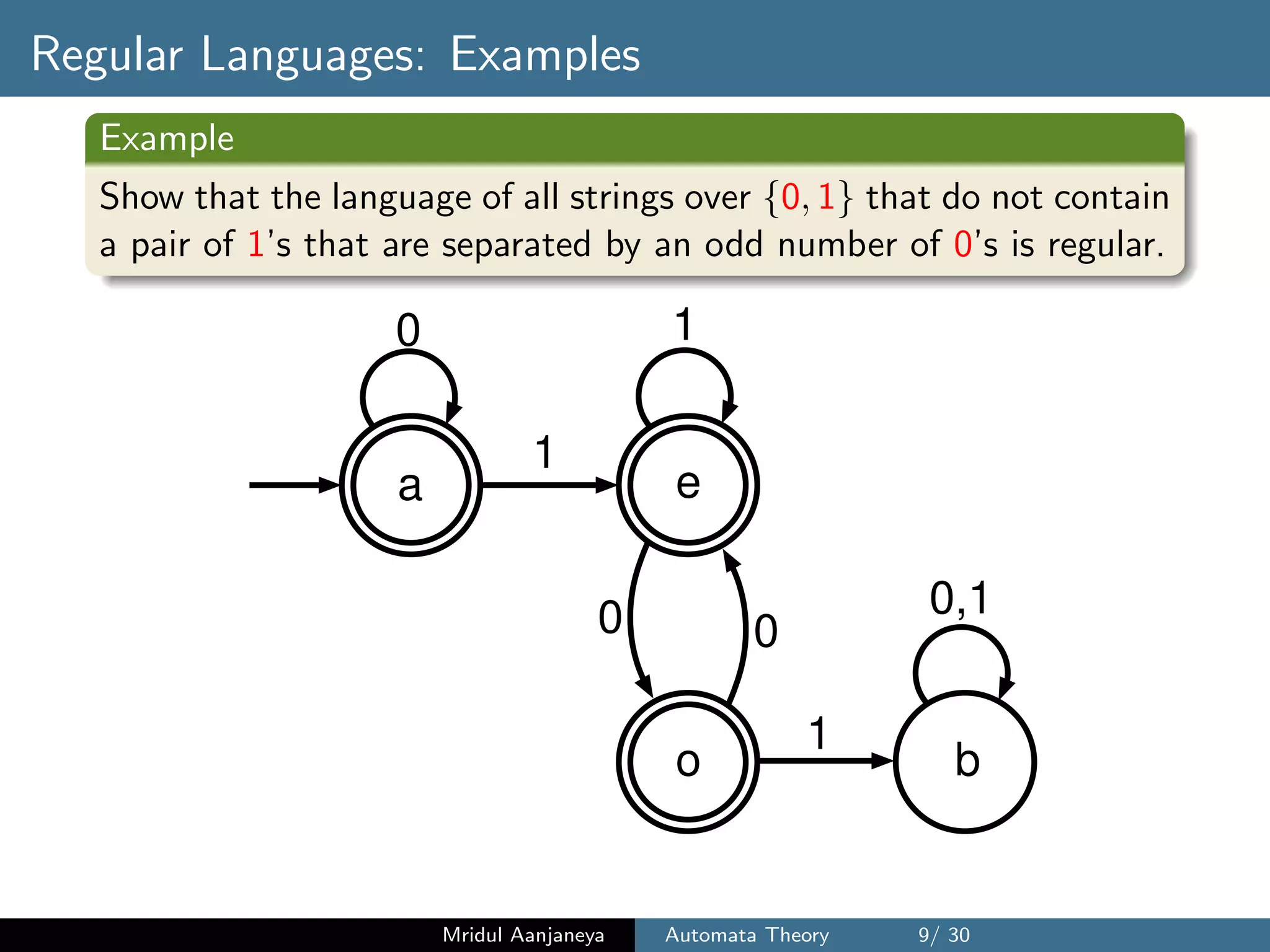 Regular Languages: Examples
Example
Show that the language of all strings over {0, 1} that do not contain
a pair of 1’s that are separated by an odd number of 0’s is regular.
1
a
0 1
1
0,10 0
e
o b
Mridul Aanjaneya Automata Theory 9/ 30
 