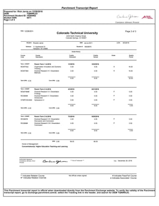 Ricardo Jarvis xxx-xx-5411Student:
Address:
SSN:
12/28/2016Date:
11 Applewood Dr
Hampton, VA 23666
Page 3 of 3
Student #: 18638875
4435 North Chestnut Street
Colorado Springs, CO 80907
LDA:
Colorado Technical University
8/3/2016
Course
Code
Course
Description
Credits
Attempted
Credits
Earned
Grade
Grade History
Quality
Points
Term: A1601P Parent Term 1 A-2016 1/3/2016 3/22/2016
Organization Innovation and Scenario
Thinking
4.00 4.00 A 16.00MGMT832
Doctoral Research IV: Dissertation
Methods
4.00 4.00 A 16.00MGMT864
Term GPA : Cum GPA:4.00 3.89
8.00 8.00 32.00
Term: A1602P Parent Term 2 A-2016 4/3/2016 6/21/2016
Doctoral Research VI: Dissertation
Findings
4.00 4.00 P 0.00MGMT866#
Doctoral Research V: Dissertation
Introduction
4.00 4.00 P 0.00RES865#
Symposium 4 0.00 0.00 P 0.00SYMPOSIUM4#
Term GPA : Cum GPA:0.00 3.89
8.00 8.00 0.00
Term: A1603P Parent Term 3 A-2016 7/3/2016 9/20/2016
Doctoral Research VII: Dissertation
Discussion and Conclusion
4.00 4.00 P 0.00RES867#
Doctoral Research VIII: Dissertation
Conclusion
4.00 4.00 P 0.00RES868#
Term GPA : Cum GPA:0.00 3.89
8.00 8.00 0.00
3.89 96.0096.00GPA:
Concentration(s): Higher Education Teaching and Learning
Doctor of Management
*** End of Transcript *** Date December 28, 2016
Authorized Signature:
Constance Johnson, Ed.d
Provost
Not official unless signed. # Indicates Pass/Fail Course
♦ Indicates Associated Course
** Indicates Retaken Course
R* Indicates Retaken Override
Parchment Transcript Report
Prepared for: Rick Jarvis on 12/28/2016
DID#: TQNIRKJO
Parchment Student ID: 19284462
Student SSN: 5411
Page 3 of 4
Constance Johnson, Provost
This Parchment transcript report is official when downloaded directly from the Parchment Exchange website. To verify the validity of the Parchment
transcript report, go to exchange.parchment.com/d/, select the Tracking link in the header, and search for DID# TQNIRKJO.
 