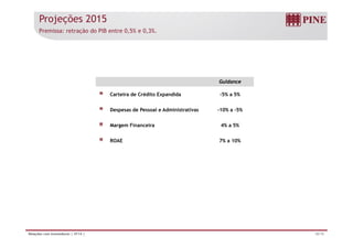 Projeções 2015
Premissa: retração do PIB entre 0,5% e 0,3%.
Guidance
Carteira de Crédito Expandida -5% a 5%p
Despesas de Pessoal e Administrativas -10% a -5%
Margem Financeira 4% a 5%Margem Financeira 4% a 5%
ROAE 7% a 10%
18/19Relações com Investidores | 4T14 |
 