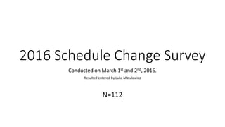 2016 Schedule Change Survey
Conducted on March 1st and 2nd, 2016.
Resulted entered by Luke Matulewicz
N=112
 