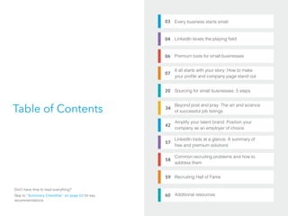 04
06
07
03
LinkedIn levels the playing field
Every business starts small
20
34
Table of Contents
59
57
42
58
Don’t have time to read everything?
Skip to “Summary Checklist” on page 53 for key
recommendations.
60
It all starts with your story: How to make
your profile and company page stand out
Sourcing for small businesses: 5 steps
Beyond post and pray: The art and science
of successful job listings
Amplify your talent brand: Position your
company as an employer of choice
Additional resources
Common recruiting problems and how to
address them
LinkedIn tools at a glance: A summary of
free and premium solutions
Recruiting Hall of Fame
Premium tools for small businesses
 