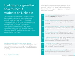 Fueling your growth—
how to recruit
students on LinkedIn
01 New graduate jobs. Post student jobs and
internships for free on LinkedIn.
02 Student talent pool reports. Find out where students
are concentrated, how to engage, and what makes
them tick.
03 Education search facets in LinkedIn Recruiter. Target
students based on geography, school, degree, field of
study, graduation dates, Groups, and more.
04 Targeted status updates. Engage students, e.g.
“Students, what do you care most about in a career?”
The largest concentration of small business
employees on LinkedIn are 25 years old,
and just over 50% are 18-31.* Younger
candidates tend to be more entrepreneurial
and attracted to smaller companies.
Take advantage of this by doing some
university recruiting. Plus, when you build
relationships with students, you invest in the
future of your company.
Over 39 million students and recent graduates are on
LinkedIn,* making it our fastest growing demographic.
Here are 7 tools to help you engage your company’s next
generation of leaders:
Intel Leverages LinkedIn Groups to engage students		
Intel’s Student Lounge Group is a place where students can go for
news and updates about the Intel College Recruiting Organization.
There, they can connect with other students and find late-breaking
job openings.
05 LinkedIn University Pages. Over 24K higher education
outlets now have pages on LinkedIn. Deepen
relationships with schools and stay informed.
06 LinkedIn Alumni Tool. Discover where alumni work
and what they do. Filter with facets such as “What
they studied’ to find top candidates.
07 LinkedIn CheckIn (http://linkd.in/1er9h9l). Collect and
organize candidate information at live events in
seconds.
*Source: http://linkd.in/1hAS3uu
Recruiting for Small Business 29
 