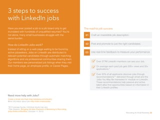 3 steps to success
with LinkedIn jobs
Have you ever posted a job to a job board only to get
inundated with hundreds of unqualified resumes? You’re
not alone, many small businesses struggle with the
same burden.
01 Craft an irresistible job description.
02 Post and promote to just the right candidates.
03 Use real-time feedback to measure your performance.
The road to job success
Over 277M LinkedIn members can see your Job.
On average each paid job gets 500+ views and 50+
applications.*
Over 50% of all applicants discover jobs through
recommendations** delivered through email and the
‘Jobs You May Be Interested In’ module on LinkedIn.
These recommendations help passive and active
talent alike find opportunities based on information in
their LinkedIn profiles.
How do LinkedIn Jobs work?
Instead of sitting on a web page waiting to be found by
active jobseekers, Jobs on LinkedIn are distributed to
relevant potential candidates through automatic matching
algorithms and via professional communities sharing them.
Our members see personalized job listings when they visit
their home page, an employee profile, or Career Pages.
Need more help with Jobs?
Create a Great Job Post (http://slidesha.re/1pVosN1) 		
More information about jobs http://lnkd.in/aboutjobs
*2012 average figures; individual results may vary 			
**Dan Shapero, Bringing the New Playbook of Marketing to Recruiting
(http://linkd.in/ObJ5bs), (October 11, 2012)
Recruiting for Small Business 33
 