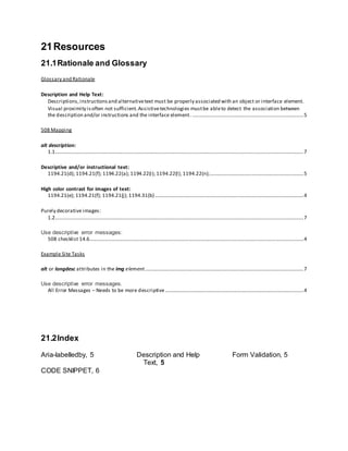 21Resources
21.1Rationale and Glossary
Glossary and Rationale
Description and Help Text:
Descriptions,instructionsand alternativetext must be properly associated with an object or interface element.
Visual proximity isoften not sufficient.Assistivetechnologies mustbe ableto detect the association between
the description and/or instructions and the interface element. .......................................................................................5
508 Mapping
alt description:
1.1..................................................................................................................................................................................................7
Descriptive and/or instructional text:
1194.21(d); 1194.21(f); 1194.22(a); 1194.22(i); 1194.22(l); 1194.22(n);.........................................................................5
High color contrast for images of text:
1194.21(e); 1194.21(f); 1194.21(j); 1194.31(b)....................................................................................................................4
Purely decorative images:
1.2..................................................................................................................................................................................................7
Use descriptive error messages:
508 checklist 14.6.......................................................................................................................................................................4
Example Site Tasks
alt or longdesc attributes in the img element............................................................................................................................7
Use descriptive error messages.
All Error Messages – Needs to be more descriptive............................................................................................................4
21.2Index
Aria-labelledby, 5
CODE SNIPPET, 6
Description and Help
Text, 5
Form Validation, 5
 