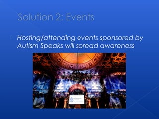  Hosting/attending events sponsored by
Autism Speaks will spread awareness
 