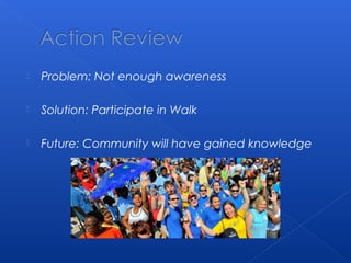  Problem: Not enough awareness
 Solution: Participate in Walk
 Future: Community will have gained knowledge
 