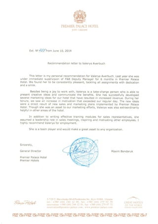 Valerya Averbuch reference letter Premier Palace