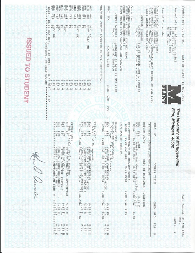 Dru A Verbal University of Michigan-Flint Transcripts 2002 | PDF