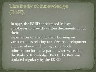 In 1992, the E&RD encouraged lnfosys
employees to provide written documents about
their
experiences on the job, their learning on
various topics relating to software development
and use of new technologies etc. Such
information formed a part of what was called
the Body of Knowledge (BoK). The BoK was
updated regularly by the E&RD.
 
