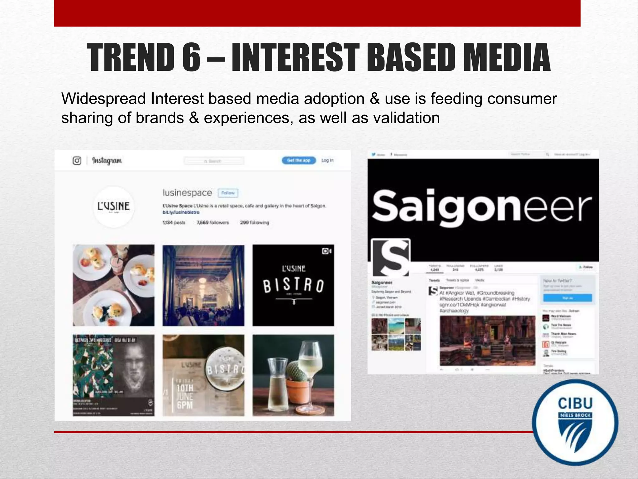 TREND 6 – INTEREST BASED MEDIA
Widespread Interest based media adoption & use is feeding consumer
sharing of brands & experiences, as well as validation
 