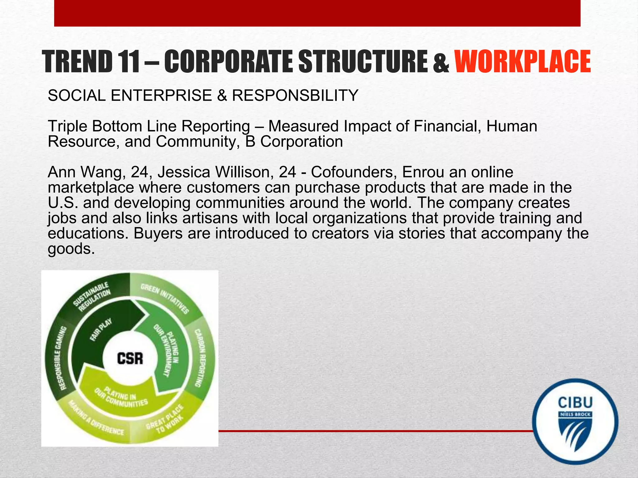 TREND 11 – CORPORATE STRUCTURE & WORKPLACE
SOCIAL ENTERPRISE & RESPONSBILITY
Triple Bottom Line Reporting – Measured Impact of Financial, Human
Resource, and Community, B Corporation
Ann Wang, 24, Jessica Willison, 24 - Cofounders, Enrou an online
marketplace where customers can purchase products that are made in the
U.S. and developing communities around the world. The company creates
jobs and also links artisans with local organizations that provide training and
educations. Buyers are introduced to creators via stories that accompany the
goods.
 