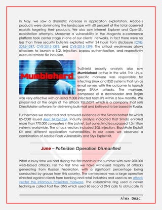 Alex Deac
In May, we saw a dramatic increase in application exploitation. Adobe’s
products were dominating the landscape with 60 percent of the total observed
exploits targeting their products. We also saw Internet Explorer and OpenSSL
exploitation attempts. Moreover a vulnerability in the Magento e-commerce
platform took center stage in one of our clients’ networks. In fact there were no
less than three security bulletins exploited within 24 hours from disclosure (CVE-
2015-1397, CVE-2015-1398, and CVE-2015-1399. The critical weaknesses allows
attackers to launch a SQL Injection, bypass authentication, and respectively
execute remote file inclusion.
TruShield security analysts also saw
Mumblehard active in the wild. This Linux-
specific malware was responsible for
infecting Linux and BSD systems that run as
email servers with the outcome to launch
large SPAM attacks. The malware,
composed of a downloader and Trojan
was very effective with an initial 9,000 infected hosts IPs within a few months. We
pinpointed at the origin of the attack YELLSOFT which is a company that sells
DirectMailer software for delivering bulk mail and believed to be based in Russia.
Furthermore we detected and removed evidence of the Simda botnet for which
US-CERT issued Alert TA15-105A. Industry analysis indicated that Simda enrolled
more than 770,000 computers in the botnet, but our estimates surpassed 1.5 million
systems worldwide. The attack vectors included SQL Injection, BlackHole Exploit
Kit and different application vulnerabilities. In our cases we observed a
combination of Adobe Flash vulnerability and Styx Exploit Kit.
– PoSeidon Operation Dismantled
What a busy time we had during the first month of the summer with over 200,000
web-based attacks. For the first time we have witnessed majority of attacks
generating from Russian Federation, with a significant percentage being
conducted by groups from this country. The centerpiece was a large operation
directed against clients from banking and retail industries and used as an attack
vector the infamous PoSeidon malware. The cybercrime ring used a newer
technique called Fast Flux DNS which used 60 second DNS calls to obfuscate its
 