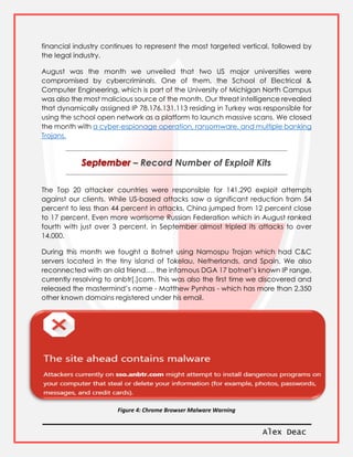 Alex Deac
financial industry continues to represent the most targeted vertical, followed by
the legal industry.
August was the month we unveiled that two US major universities were
compromised by cybercriminals. One of them, the School of Electrical &
Computer Engineering, which is part of the University of Michigan North Campus
was also the most malicious source of the month. Our threat intelligence revealed
that dynamically assigned IP 78.176.131.113 residing in Turkey was responsible for
using the school open network as a platform to launch massive scans. We closed
the month with a cyber-espionage operation, ransomware, and multiple banking
Trojans.
– Record Number of Exploit Kits
The Top 20 attacker countries were responsible for 141,290 exploit attempts
against our clients. While US-based attacks saw a significant reduction from 54
percent to less than 44 percent in attacks, China jumped from 12 percent close
to 17 percent. Even more worrisome Russian Federation which in August ranked
fourth with just over 3 percent, in September almost tripled its attacks to over
14,000.
During this month we fought a Botnet using Namospu Trojan which had C&C
servers located in the tiny island of Tokelau, Netherlands, and Spain. We also
reconnected with an old friend…. the infamous DGA 17 botnet’s known IP range,
currently resolving to anbtr[.]com. This was also the first time we discovered and
released the mastermind’s name - Matthew Pynhas - which has more than 2,350
other known domains registered under his email.
Figure 4: Chrome Browser Malware Warning
 