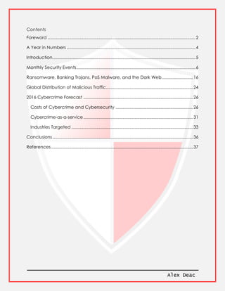 Alex Deac
Contents
Foreword ............................................................................................................................2
A Year in Numbers ............................................................................................................4
Introduction........................................................................................................................5
Monthly Security Events....................................................................................................6
Ransomware, Banking Trojans, PoS Malware, and the Dark Web..........................16
Global Distribution of Malicious Traffic.........................................................................24
2016 Cybercrime Forecast ............................................................................................26
Costs of Cybercrime and Cybersecurity .................................................................26
Cybercrime-as-a-service............................................................................................31
Industries Targeted ......................................................................................................33
Conclusions......................................................................................................................36
References.......................................................................................................................37
 