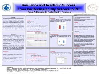 Conscientiousness

There was no significant difference between the RCSD
group (M= 3.67, SD= .34) and non-RCSD (M= 3.64, SD=
.42)
F (1, 30) = 1.12, NS
Resilience and Academic Success:
From the Rochester City Schools to RIT
Renee A. Shaw and Dr. Kirsten Condry, Psychology
Resilience and Academic Success:
From the Rochester City Schools to RIT
Renee A. Shaw and Dr. Kirsten Condry, Psychology
Introduction
The RCSD is home to 23 high schools in Rochester, NY. Though
these schools have the best intention of providing quality
education, more than half of students fail to graduate. The
graduation rate for the RCSD is an average of only 46% (YNN,
2012). Greece, Spencerport, and Brighton school districts have
graduation rates that are always above the 90% mark. This
makes Rochester home to the best and the worst school
districts in New York State: the best being Pittsford and the
worst being Rochester.
While the focus of research has primarily been on what has
gone wrong with those who did not complete high school, my
question in this study is what went right for those students
who were able to graduate. What is it, that these students
have or do that sets them apart from their failing peers?
Hypotheses:

Measures of resilience will be higher in students from the
Rochester City School District

Measures of conscientiousness will be higher in students
from the Rochester City School District

Levels of resilience will negatively correlate with high school
graduation rates for all students.
Results
Resilience

There was a significant difference between RIT students
from the RCSD (M= 143.65, SD= 17.17) and Non-RCSD
students at RIT (M= 129.71, SD= 16.97)
F (1, 30) = 5.11, p = .032

Demographic questions

What high school did you attend?

What year did you graduate?

Used to calculate High School Graduation
Rate

Age, sex, year level

Open ended questions:

Who was the most influential person to your
academic success in high school?
Methods
Participants

RIT students (n= 31)

female= 18

Mean age =20.87 years (range 18-24 years)

Recruited from on campus academic groups that work closely
with RIT RCSD students such as the Multicultural Center for
Academic Success, The Northstar Center, and the Higher
Education Opportunity Program, and the RIT City Scholars
program ; as well as from Psychology courses.
Resilience Scale – Example questions :
Big Five Inventory – Example questions :
Abstract
This study looked at the presence of resilience and conscientiousness in
RIT students. I compared those who graduated from the Rochester City
School District (RCSD) to students from other districts. Students were
surveyed using the Resilience Scale by Wagnild and Young (1993) to
measure resilience and the Big Five Inventory by John and Srivastava
(1999) to measure conscientiousness. My hypotheses were (1) levels of
resilience and conscientiousness will be higher in students from the RCSD.
(2) Levels of resilience will negatively correlate with graduation rates of
all students. Results showed that there was a significant difference in
levels of resilience with RCSD students showing higher levels of resilience.
There was no significant difference is levels of conscientiousness. There
was no correlation between levels of resilience and graduation rate.
Results of this study provided insight on how the few students who have
been successful managed to do so and how others can mimic that
success.
Discussion

This study showed there was a significant difference in measures of
resilience.

There was no significant difference in measures of
conscientiousness

Graduation rate of high school did not correlate with meausres of
conscientiousness rate or resilience
Limitations

The primary limitation would be the small sample size of
participants. I believe that with a larger sample the significance of
my results would be amplified.

Participants were recruited through emails sent out by on campus
organizations that catered to the targeted sample. The emails
however did not yield a significant number of responses, mainly
because they were sent over the summer when many students may
not have been actively checking their email.

Data collection

Graduation rates

Non-completers
Observations

Resilience is something that is said to be constantly evolving within
each person. Even though the RCSD students in this study may
have came from a tough environemnt, the resilience that allowed
them to graduate could have lessened after being removed from
that environment.

Since my entire sample was made up of college students it makes
sense that there would be similar outcomes of resilience and
conscientiousness regardless of their high school’s district.

It was assumed that a schools graduation rate was an indicator of
their environment or quality of education. Many factors that do not
affect resilience or conscientiousness can affect graduation rates.
(funding, school size, or curriculum)
Future Research

Using Current RCSD students as the sample would show more
clearly how resilience plays a role in those students' academic
success. (On track vs. Late graduate vs. Dropping out)
Implications

There are a number of resilience building tools available that can
be used in an academic setting. The resilience builder program
designed by Dr. Mary Karapetian Alvord, Dr. Bonnie Zucker and Dr.
Judy Johnson Grados is a cognitive-behavioral approach designed
for overall well-being. It consists of 30 group sessions aimed at
helping youth bounce back from adversities in their lives, build self-
esteem, competency, self-control and the use of effective coping
skills. This tool and others like it can be implemented into
community outreach programs, school counseling methods and the
school curriculum.
Conclusion

In general the goal of this study was to discover what attributes a
student, going to school in an unsatisfactory environment, had to
posess in order to succeed by graduating. I looked at character traits
that I knew were linked to academic performance and flourishing
under distress. What I found was that RCSD students tend to have
slightly higher measures of resilience but not conscientiousness.
Conscientiousness is an indicator of high academic performance but
it is not needed. A student who tends to be disorganized or lazy can
still be an excellent student.
Correlation

The results showed no significant correlations among
variables: resilience and graduation rate were not at all
correlated, r(29) = -.077, p = .68
21
4.6
4.4
4.2
4.0
3.8
3.6
3.4
3.2
3.0
School district
conscientiousness
Boxplot of conscientiousness
1009080706050403020
180
170
160
150
140
130
120
110
100
90
S 18.4709
R-Sq 0.6%
R-Sq(adj) 0.0%
graduation rate
resilience
Fitted Line Plot
resilience = 141.8 - 0.0599 graduation rate
References
John, O. P., & Srivastava, S. (1999). The Big-Five trait taxonomy: History, measurement, and theoretical perspectives. In L. A. Pervin & O. P. John (Eds.),
Handbook of personality: Theory and research (Vol. 2, pp. 102–138). New York: Guilford Press.
Wagnild GM, Young HM. 1993. Development and psychometric validation of the Resilience Scale. J Nurs Meas 1:165–178.
YNN. (2012, June 11). RCSD's graduation rate drops. Retrieved from http://rochester.ynn.com/content/top_stories/587765/rcsd-s-graduation-rate-drops
 
