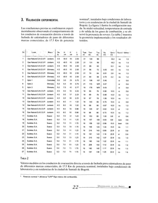 3. VALIDACIÓN EXPERIMENTAL
Las conclusiones previas se confirmaron experi-
mentalmente observando el comportamiento de
los conductos de evacuación directa a través de
fachada de calentadores de paso de diferentes
marcas comerciales, de 17.5 Kw de potencia
nominalb, instalados bajo condiciones de labora-
torio y en residencias de la ciudad de Santafé de
Bogotá. La figura 1 ilustra la configuración usa-
da. Se midió velocidad, temperaturas de entrada
y de salida de los gases de combustión, y se ob-
servó la presencia de revoco. La tabla 2 muestra
la geometría implementada y los resultados ob-
tenidos.
NO LUGAR MARCA DA
in >
H
cm -
H
cm
L
m
TAMB
oC
TENT
oC
TSAL
oC
Ve.
m/s
GASTO
Kw
REVOCO H/HMIN
1 Gas Natural S.A.E.S.P. Junkers 4.5 40.0 60 2.50 21 124 89 18.2 no 1.0
2 Gas Natural S.A.E.S.P. Junkers 4.5 40.0 60 2.50 21 131 99 18.2 no 1.0
3 Gas Natural S.A.E.S.P. Junkers 4.5 40.0 60 2.50 21 89 63 9.3 no 1.0
4 Gas Natural S.A.E.S.P. Shimasu 4.5 40.0 60 2.50 21 86 72 0.83 4.9 no 1.0
5 Gas Natural S.A.E.S.P. Shimasu 4.5 40.0 60 2.50 21 74 64 0.81 3.9 no 1.0
6 Gas Natural S.A.E.S.P. Shimasu 4.5 40.0 60 2.50 21 64 58 0.70 3.2 no 1.0
7 Apto 1 Centrales 5.0 3.0 29 0.75 21 108 107 0.45 sí 0.6
8 Apto 2 Shimasu 5.5 5.0 38 0.75 21 115 N/R 0.47 sí 0.8
9 Apto 3 Shimasu 5.0 7.0 40 0.77 18 178 N/R 0.43 sí 0.8
12 Gas Natural S.A.E.S.P. Junkers 4.5 0.0 50 2.23 18 90 76 0.90 10.0 sí 0.8
11 Gas Natural S.A,E.S.P. Junkers 4.5 0.0 57 2.23 18 89 76 0.98 10.0 no 1.0
10 Gas Natural S.A.E.S.P. Junkers 4.5 0.0 66 2.23 18 87 78 1.06 10.0 no 1.1
13 Gas Natural S.A.E.S.P. Junkers 4.5 8.0 41 1.02 18 103 85 0.70 10.0 sí 0.8
14 Gas Natural S.A.E.S.P. Junkers 4.5 8.0 49 1.02 18 99 85 0.67 10.0 no 1.0
15 Gas Natural S.A.E.S.P. Junkers 4.5 8.0 50 0.88 18 105 87 0.62 10.0 sí 1.0
16 Gas Natural S.A.E.S.P. Junkers 4.5 8.0 60 0.88 18 98 86 0.70 10.0 no 1.2
17 Sudelec S.A. Sueco 5.0 7.0 32 1.23 16 153 95 1.00 9.8 sí 0.6
18 Sudelec S.A. Sueco 5.0 7.0 41 1.23 16 157 100 0.93 9.8 leve 0.8
19 Sudelec S.A. Sueco 5.0 7.0 51 1.70 16 158 122 0.99 15.0 leve 0.9
20 Sudelec S.A. Sueco 5.0 7.0 59 1.70 16 158 123 1.24 15.0 no 1.1
21 Sudelec S.A. Sueco 5.0 7.0 41 1.23 16 216 143 0.69 22.8 sí 0.8
22 Sudelec S.A. Sueco 5.0 7.0 51 1.70 16 191 143 1.16 22.8 sí 0.9
23 Sudelec S.A. Sueco 5.0 7.0 53 1.23 16 210 142 1.07 22.8 no 1.0
24 Sudelec S.A. Sueco 5.0 7.0 61 1.70 16 190 142 1.22 22.8 no 1.1
25 Sudelec S.A. Sueco 5.0 7.0 63 1.23 16 208 142 1.12 22.8 no 1.2
?6 Sudelec S.A. Sueco 5.0 7.0 73 1.70 16 190 140 1.17 22.8 no 1.3
27 Sudelec S.A. Sueco 5.0 7.0 79 1.70 16 197 138 1.25 22.8 no 1.4
TABLA 2
Valores medidos en los conductos de evacuación directa a través de fachada para calentadores de paso
de diferentes marcas comerciales, de 17.5 Kw de potencia nominal, instalados bajo condiciones de
laboratorio y en residencias de la ciudad de Santafé de Bogotá.
Potencia nominal = eficiencia *LHV* flujo másico del combustible.
22 UNIVERSIDAD DE LOS ANDES s
 
