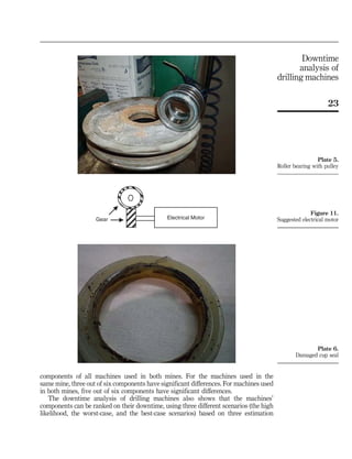 components of all machines used in both mines. For the machines used in the
same mine, three out of six components have significant differences. For machines used
in both mines, five out of six components have significant differences.
The downtime analysis of drilling machines also shows that the machines’
components can be ranked on their downtime, using three different scenarios (the high
likelihood, the worst-case, and the best-case scenarios) based on three estimation
Electrical MotorGear
Figure 11.
Suggested electrical motor
Plate 6.
Damaged cup seal
Plate 5.
Roller bearing with pulley
23
Downtime
analysis of
drilling machines
 