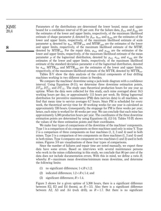 Parameters of the distributions are determined the lower bound, mean and upper
bound for a confidence interval of 95 per cent. For the failure data, blow and bupp are
the estimates of the lower and upper limits, respectively, of the maximum likelihood
estimate of shape parameter b, denoted by best. Zlow and Zupp are the estimates of the
lower and upper limits, respectively, of the maximum likelihood estimate of scale
parameter Z, denoted by Zest. MTBFlow and MTBFupp are the estimates of the lower
and upper limits, respectively, of the maximum likelihood estimate of the MTBF,
denoted by MTBFest. For the repair data, mlow and mupp are the estimates of the
lower and upper limits, respectively, of the maximum likelihood estimate of the mean
parameter m of the lognormal distribution, denoted by mest. slow and supp are the
estimates of the lower and upper limits, respectively, of the maximum likelihood
estimate of the standard deviation parameter s of the lognormal distribution, denoted
by sest. MTTRlow and MTTRupp are the estimates of the lower and upper limits,
respectively, of the maximum likelihood estimate of the MTTR, denoted by MTTRest.
Tables II-V show the data analysis of the critical components of four drilling
machines working in two different mines in Sweden.
We compare the machines’ downtime using a jack-knife diagram with a confidence
interval. Using Equations (9-11), we determine three downtime estimation points,
DTM, DTLL and DTUL. The study uses theoretical production hours for one year as
uptime. When the data were collected for this study, each mine averaged about 16.5
working hours per day, or approximately 115 hours per week. By fitting lognormal
distribution for preventive maintenance (PM) data (service data) to all machines, we
find that mean time to service averages 6.7 hours. Since PM is scheduled for every
week, the theoretical service time for 49 working weeks for one year is calculated as
approximately 330 hours. Consequently, the stoppage for PM is three weeks per year;
hence, each mine is worked for 46 weeks per year. We can conclude that each mine has
approximately 5,300 production hours per year. The coordinates of the three downtime
estimation points are determined by using Equations (4), (12-14). Tables VI-IX shows
the values of the three estimation points and their coordinates.
We make four types of comparisons of the downtime of the machines’ components.
Type 1 is a comparison of six components on three machines used only in mine Y. Type
2 is a comparison of three components on four machines (1, 2, 3 and 4) used in both
mines. Type 3 is a comparison of two components on three machines (1, 3 and 4) used
in both mines. Type 4 compares one component on two machines (1 and 2) used in both
mines. Figures 3-9 are visualisations of these four types of comparisons.
Since the number of failures and repair time are noted manually, we expect these
data have some errors. Based on interviews with several maintenance persons
who work in the mines collaborating in this study, we conclude that 80 per cent of the
data does not include documentation errors. With this in mind, we define a ratio R,
whereby R ¼ maximum mean downtime/minimum mean downtime, and determine
the following limits:
(1) no significant differences; 1pRp1.2;
(2) indicated differences; 1.2oRp1.4; and
(3) significant differences; R41.4.
Figure 3 shows for a given uptime of 5,300 hours, there is a significant difference
between E2, E3 and E4 (boom), as R ¼ 3.5. Also there is a significant difference
between A2, A3 and A4 (rock drill), as R ¼ 1.7. But there is no significant
8
JQME
20,4
 