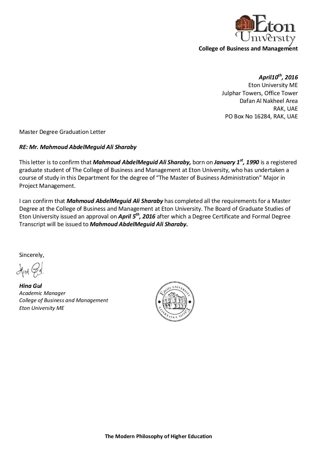 Graduation letter