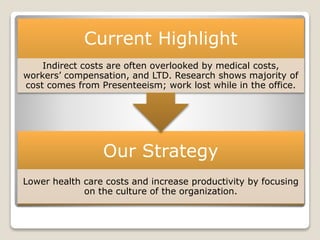Our Strategy
Lower health care costs and increase productivity by focusing
on the culture of the organization.
Current Highlight
Indirect costs are often overlooked by medical costs,
workers’ compensation, and LTD. Research shows majority of
cost comes from Presenteeism; work lost while in the office.
 