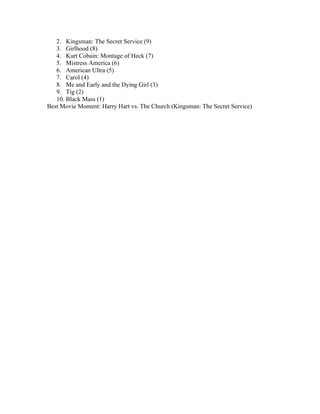 2. Kingsman: The Secret Service (9)
3. Girlhood (8)
4. Kurt Cobain: Montage of Heck (7)
5. Mistress America (6)
6. American Ultra (5)
7. Carol (4)
8. Me and Early and the Dying Girl (3)
9. Tig (2)
10. Black Mass (1)
Best Movie Moment: Harry Hart vs. The Church (Kingsman: The Secret Service)
 
