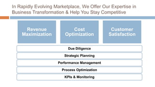 In Rapidly Evolving Marketplace, We Offer Our Expertise in
Business Transformation & Help You Stay Competitive
Revenue
Maximization
Cost
Optimization
Customer
Satisfaction
Due Diligence
Strategic Planning
Performance Management
Process Optimization
KPIs & Monitoring
 