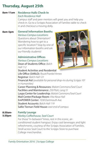 Family Orientation 2016 | Scripps College
Thursday, August 25th
Residence Halls Check-In
Each Residence Hall
Campus staff and peer mentors will greet you and help you
check-in. Go to a Scripps Association of Families table to check
in and checkout a moving dolly.
General Information Booths
Various Campus Locations
Questions about Orientation?
Wondering how to get to a
specific location? Stop by one of
our information booths and ask
our friendly students!
Administrative Offices
Various Campus Locations
Dean of Students Office: Balch
Hall 112
Student Activities and Residential
Life Office (SARLO): Routt/Frankel Annex
Registrar: Balch Hall 121
Financial Aid (available for personal drop-ins during Scripps 101
in Humanities)
Career Planning & Resources: Malott Commons/Seal Court
Facilities and Maintenance: 250 Platt, Lang 51
Laspa Center for Leadership: Malott Commons/Seal Court
Mail Center/Package Room: Vita Nova Hall
EmPOWER Center: 1030 Dartmouth Ave.
Student Accounts: Balch Hall 119
Sallie Tiernan Field House: east end of campus
Family Lounge
Motley Coffeehouse, Seal Court
For those“in-between”times, rest in this iconic, air-
conditioned student hangout. Enjoy cool beverages and light
refreshments, courtesy of the Scripps Association of Families.
Stroll across Seal Court to the Scripps Store to purchase
College merchandise.
8am-11am
8:30am-
5:30pm
8am-5pm
 