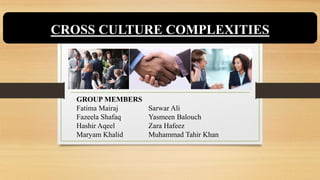 CROSS CULTURE COMPLEXITIES
GROUP MEMBERS
Fatima Mairaj Sarwar Ali
Fazeela Shafaq Yasmeen Balouch
Hashir Aqeel Zara Hafeez
Maryam Khalid Muhammad Tahir Khan
 