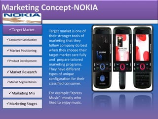 Marketing Concept-NOKIA
Target Market
Consumer Satisfaction
Market Positioning
Product Development
Market Research
Market Segmentation
Marketing Mix
Marketing Stages
Target market is one of
their stronger tools of
marketing that they
follow company do best
when they choose their
target market care fully
and prepare tailored
marketing programs.
They have different
types of unique
configuration for their
classified consumer.
For example:“Xpress
Music”- mostly who
liked to enjoy music.
 