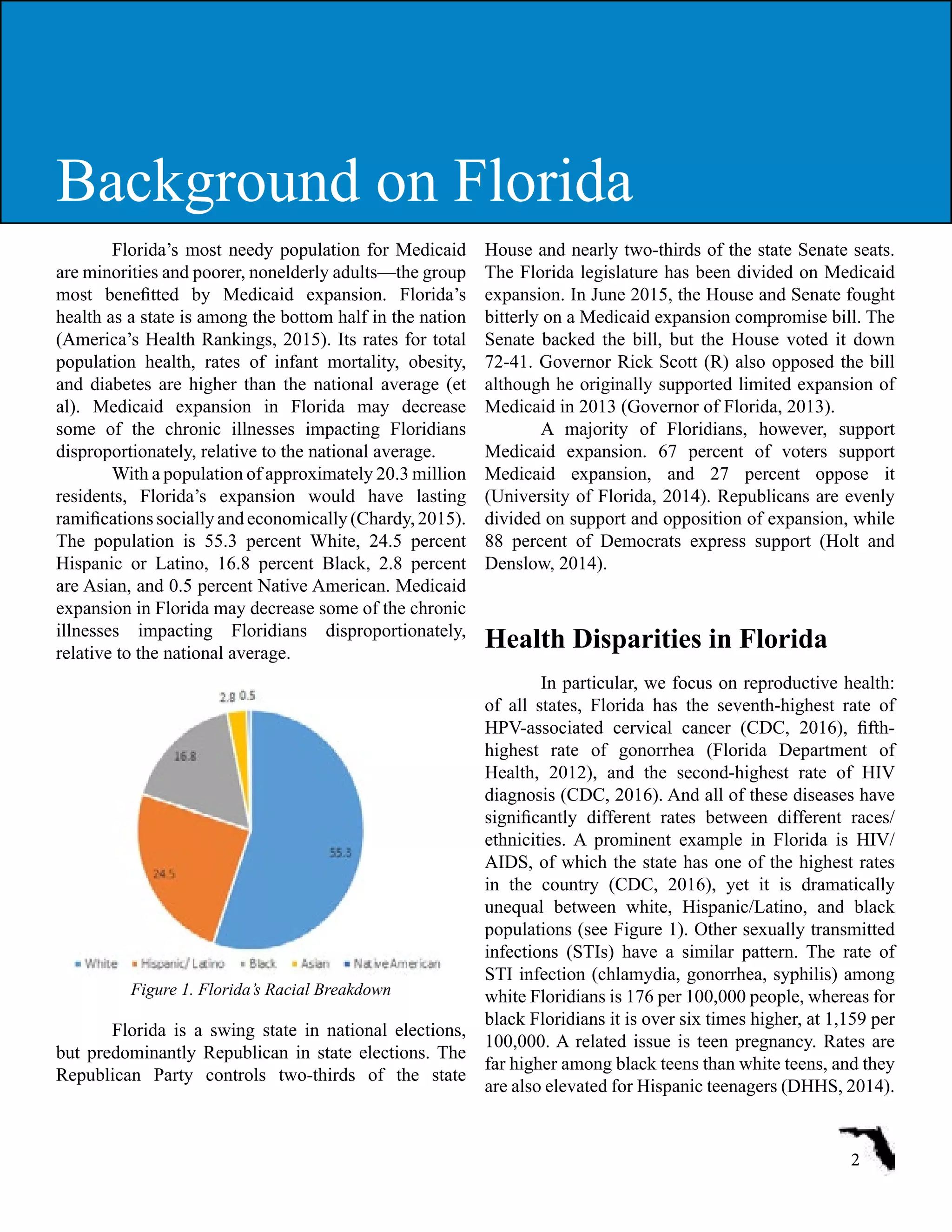 Florida’s most needy population for Medicaid
are minorities and poorer, nonelderly adults—the group
most benefitted by Medicaid expansion. Florida’s
health as a state is among the bottom half in the nation
(America’s Health Rankings, 2015). Its rates for total
population health, rates of infant mortality, obesity,
and diabetes are higher than the national average (et
al). Medicaid expansion in Florida may decrease
some of the chronic illnesses impacting Floridians
disproportionately, relative to the national average.
With a population of approximately 20.3 million
residents, Florida’s expansion would have lasting
ramifications socially and economically (Chardy, 2015).
The population is 55.3 percent White, 24.5 percent
Hispanic or Latino, 16.8 percent Black, 2.8 percent
are Asian, and 0.5 percent Native American. Medicaid
expansion in Florida may decrease some of the chronic
illnesses impacting Floridians disproportionately,
relative to the national average.
Figure 1. Florida’s Racial Breakdown
Florida is a swing state in national elections,
but predominantly Republican in state elections. The
Republican Party controls two-thirds of the state
House and nearly two-thirds of the state Senate seats.
The Florida legislature has been divided on Medicaid
expansion. In June 2015, the House and Senate fought
bitterly on a Medicaid expansion compromise bill. The
Senate backed the bill, but the House voted it down
72-41. Governor Rick Scott (R) also opposed the bill
although he originally supported limited expansion of
Medicaid in 2013 (Governor of Florida, 2013).
A majority of Floridians, however, support
Medicaid expansion. 67 percent of voters support
Medicaid expansion, and 27 percent oppose it
(University of Florida, 2014). Republicans are evenly
divided on support and opposition of expansion, while
88 percent of Democrats express support (Holt and
Denslow, 2014).
Health Disparities in Florida
In particular, we focus on reproductive health:
of all states, Florida has the seventh-highest rate of
HPV-associated cervical cancer (CDC, 2016), fifth-
highest rate of gonorrhea (Florida Department of
Health, 2012), and the second-highest rate of HIV
diagnosis (CDC, 2016). And all of these diseases have
significantly different rates between different races/
ethnicities. A prominent example in Florida is HIV/
AIDS, of which the state has one of the highest rates
in the country (CDC, 2016), yet it is dramatically
unequal between white, Hispanic/Latino, and black
populations (see Figure 1). Other sexually transmitted
infections (STIs) have a similar pattern. The rate of
STI infection (chlamydia, gonorrhea, syphilis) among
white Floridians is 176 per 100,000 people, whereas for
black Floridians it is over six times higher, at 1,159 per
100,000. A related issue is teen pregnancy. Rates are
far higher among black teens than white teens, and they
are also elevated for Hispanic teenagers (DHHS, 2014).
2
Background on Florida
 