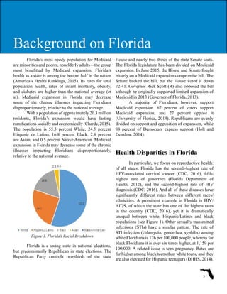 Florida’s most needy population for Medicaid
are minorities and poorer, nonelderly adults—the group
most benefitted by Medicaid expansion. Florida’s
health as a state is among the bottom half in the nation
(America’s Health Rankings, 2015). Its rates for total
population health, rates of infant mortality, obesity,
and diabetes are higher than the national average (et
al). Medicaid expansion in Florida may decrease
some of the chronic illnesses impacting Floridians
disproportionately, relative to the national average.
With a population of approximately 20.3 million
residents, Florida’s expansion would have lasting
ramifications socially and economically (Chardy, 2015).
The population is 55.3 percent White, 24.5 percent
Hispanic or Latino, 16.8 percent Black, 2.8 percent
are Asian, and 0.5 percent Native American. Medicaid
expansion in Florida may decrease some of the chronic
illnesses impacting Floridians disproportionately,
relative to the national average.
Figure 1. Florida’s Racial Breakdown
Florida is a swing state in national elections,
but predominantly Republican in state elections. The
Republican Party controls two-thirds of the state
House and nearly two-thirds of the state Senate seats.
The Florida legislature has been divided on Medicaid
expansion. In June 2015, the House and Senate fought
bitterly on a Medicaid expansion compromise bill. The
Senate backed the bill, but the House voted it down
72-41. Governor Rick Scott (R) also opposed the bill
although he originally supported limited expansion of
Medicaid in 2013 (Governor of Florida, 2013).
A majority of Floridians, however, support
Medicaid expansion. 67 percent of voters support
Medicaid expansion, and 27 percent oppose it
(University of Florida, 2014). Republicans are evenly
divided on support and opposition of expansion, while
88 percent of Democrats express support (Holt and
Denslow, 2014).
Health Disparities in Florida
In particular, we focus on reproductive health:
of all states, Florida has the seventh-highest rate of
HPV-associated cervical cancer (CDC, 2016), fifth-
highest rate of gonorrhea (Florida Department of
Health, 2012), and the second-highest rate of HIV
diagnosis (CDC, 2016). And all of these diseases have
significantly different rates between different races/
ethnicities. A prominent example in Florida is HIV/
AIDS, of which the state has one of the highest rates
in the country (CDC, 2016), yet it is dramatically
unequal between white, Hispanic/Latino, and black
populations (see Figure 1). Other sexually transmitted
infections (STIs) have a similar pattern. The rate of
STI infection (chlamydia, gonorrhea, syphilis) among
white Floridians is 176 per 100,000 people, whereas for
black Floridians it is over six times higher, at 1,159 per
100,000. A related issue is teen pregnancy. Rates are
far higher among black teens than white teens, and they
are also elevated for Hispanic teenagers (DHHS, 2014).
2
Background on Florida
 
