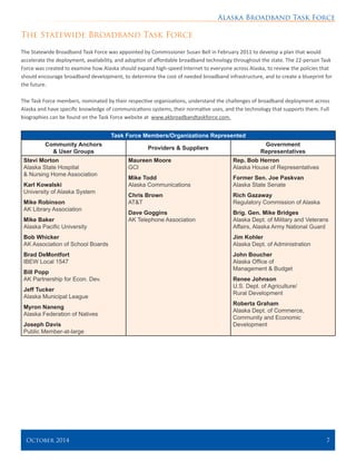 Alaska Broadband Task Force
October 2014 	 7
The Statewide Broadband Task Force
The Statewide Broadband Task Force was appointed by Commissioner Susan Bell in February 2011 to develop a plan that would
accelerate the deployment, availability, and adoption of affordable broadband technology throughout the state. The 22-person Task
Force was created to examine how Alaska should expand high-speed Internet to everyone across Alaska, to review the policies that
should encourage broadband development, to determine the cost of needed broadband infrastructure, and to create a blueprint for
the future.
The Task Force members, nominated by their respective organizations, understand the challenges of broadband deployment across
Alaska and have specific knowledge of communications systems, their normative uses, and the technology that supports them. Full
biographies can be found on the Task Force website at www.akbroadbandtaskforce.com.
Task Force Members/Organizations Represented
Community Anchors
& User Groups
Providers & Suppliers
Government
Representatives
Stevi Morton
Alaska State Hospital
& Nursing Home Association
Karl Kowalski
University of Alaska System
Mike Robinson
AK Library Association
Mike Baker
Alaska Pacific University
Bob Whicker
AK Association of School Boards
Brad DeMontfort
IBEW Local 1547
Bill Popp
AK Partnership for Econ. Dev.
Jeff Tucker
Alaska Municipal League
Myron Naneng
Alaska Federation of Natives
Joseph Davis
Public Member-at-large
Maureen Moore
GCI
Mike Todd
Alaska Communications
Chris Brown
AT&T
Dave Goggins
AK Telephone Association
Rep. Bob Herron
Alaska House of Representatives
Former Sen. Joe Paskvan
Alaska State Senate
Rich Gazaway
Regulatory Commission of Alaska
Brig. Gen. Mike Bridges
Alaska Dept. of Military and Veterans
Affairs, Alaska Army National Guard
Jim Kohler
Alaska Dept. of Administration
John Boucher
Alaska Office of
Management & Budget
Renee Johnson
U.S. Dept. of Agriculture/
Rural Development
Roberta Graham
Alaska Dept. of Commerce,
Community and Economic
Development
 