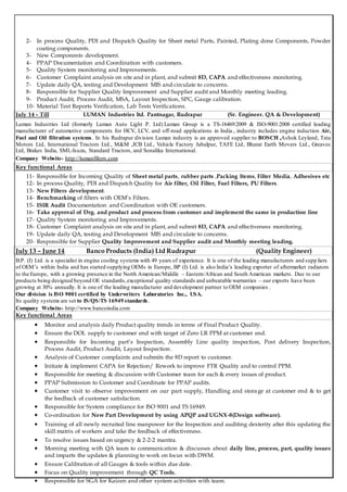 2- In process Quality, PDI and Dispatch Quality for Sheet metal Parts, Painted, Plating done Components, Powder
coating components.
3- New Components development.
4- PPAP Documentation and Coordination with customers.
5- Quality System monitoring and Improvements.
6- Customer Complaint analysis on site and in plant, and submit 8D, CAPA and effectiveness monitoring.
7- Update daily QA, testing and Development MIS and circulate to concerns.
8- Responsible for Supplier Quality Improvement and Supplier audit and Monthly meeting leading.
9- Product Audit, Process Audit, MSA, Layout Inspection, SPC, Gauge calibration.
10- Material Test Reports Verification, Lab Tests Verifications.
July 14 – Till LUMAN Industries ltd. Pantnagar, Rudrapur (Sr. Engineer. QA & Development)
Luman Industries Ltd (formerly Luman Auto Light P. Ltd) Luman Group is a TS-16469:2009 & ISO-9001:2008 certified leading
manufacturer of automotive components for HCV, LCV, and off-road applications in India., industry includes engine induction Air,
Fuel and Oil filtration systems. In his Rudrapur division Luman industry is an approved supplier to BOSCH ,Ashok Leyland, Tata
Motors Ltd, International Tractors Ltd., M&M ,JCB Ltd., Vehicle Factory Jabalpur, TAFE Ltd, Bharat Earth Movers Ltd., Greaves
Ltd, Brakes India, SML-Isuzu, Standard Tractors, and Sonalika International.
Company Website- http://lumanfilters.com
Key functional Areas
11- Responsible for Incoming Quality of Sheet metal parts, rubber parts ,Packing Items, Filter Media, Adhesives etc
12- In process Quality, PDI and Dispatch Quality for Air filter, Oil Filter, Fuel Filters, PU Filters.
13- New Filters development.
14- Benchmarking of filters with OEM’s Filters.
15- ISIR Audit Documentation and Coordination with OE customers.
16- Take approval of Drg. and product and process from customer and implement the same in production line
17- Quality System monitoring and Improvements.
18- Customer Complaint analysis on site and in plant, and submit 8D, CAPA and effectiveness monitoring.
19- Update daily QA, testing and Development MIS and circulate to concerns.
20- Responsible for Supplier Quality Improvement and Supplier audit and Monthly meeting leading.
July 13 – June 14 Banco Products (India) Ltd Rudrapur (Quality Engineer)
B.P. (I) Ltd. is a specialist in engine cooling systems with 49 years of experience. It is one of the leading manufacturers and supp liers
of OEM’s within India and has started supplying OEMs in Europe, BP (I) Ltd. is also India’s leading exporter of aftermarket radiators
to the Europe, with a growing presence in the North American/Middle – Eastern/African and South American markets. Due to our
products being designed beyond OE standards,exceptional quality standards and unbeatable warranties – our exports have been
growing at 30% annually. It is one of the leading manufacturer and development partner to OEM companies .
Our division is ISO 9001 certified by Underwriters Laboratories Inc., USA.
Its quality systems are set to IS/QS/TS 16949 standards.
Company Website- http://www.bancoindia.com
Key functional Areas
 Monitor and analysis daily Product quality trends in terms of Final Product Quality.
 Ensure the DOL supply to customer end with target of Zero LR PPM at customer end.
 Responsible for Incoming part’s Inspection, Assembly Line quality inspection, Post delivery Inspection,
Process Audit, Product Audit, Layout Inspection.
 Analysis of Customer complaints and submits the 8D report to customer.
 Initiate & implement CAPA for Rejection/ Rework to improve FTR Quality and to control PPM.
 Responsible for meeting & discussion with Customer team for each & every issues of product.
 PPAP Submission to Customer and Coordinate for PPAP audits.
 Customer visit to observe improvement on our part supply, Handling and storage at customer end & to get
the feedback of customer satisfaction.
 Responsible for System compliance for ISO 9001 and TS 16949.
 Co-ordination for New Part Development by using APQP and UGNX-8(Design software).
 Training of all newly recruited line manpower for the Inspection and auditing dexterity after this updating the
skill matrix of workers and take the feedback of effectiveness.
 To resolve issues based on urgency & 2-2-2 mantra.
 Morning meeting with QA team to communication & discusses about daily line, process, part, quality issues
and imparts the updates & planning to work on focus with DWM.
 Ensure Calibration of all Gauges & tools within due date.
 Focus on Quality improvement through QC Tools.
 Responsible for SGA for Kaizen and other system activities with team.
 