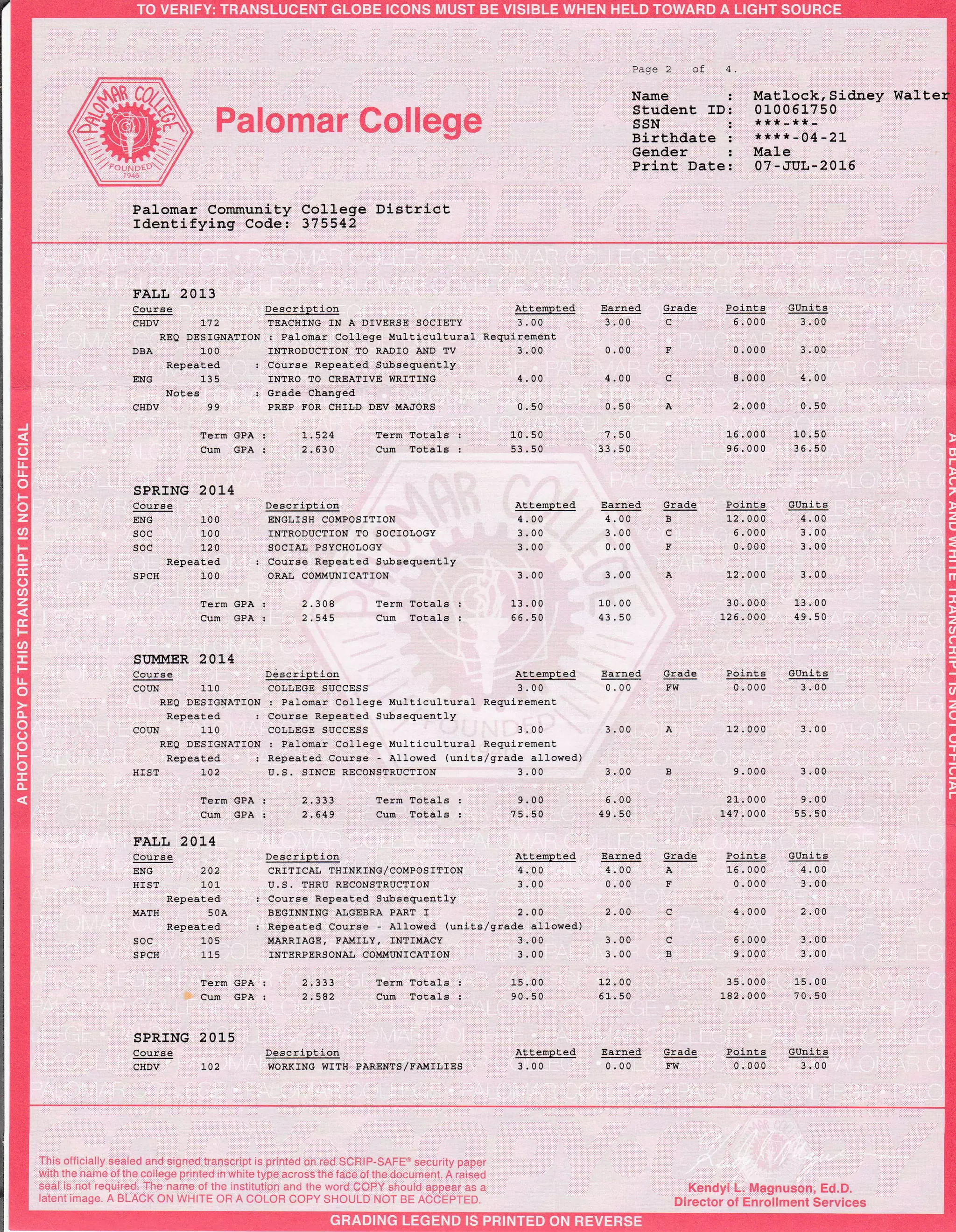 Palomar College Transcripts - 2016.07.15