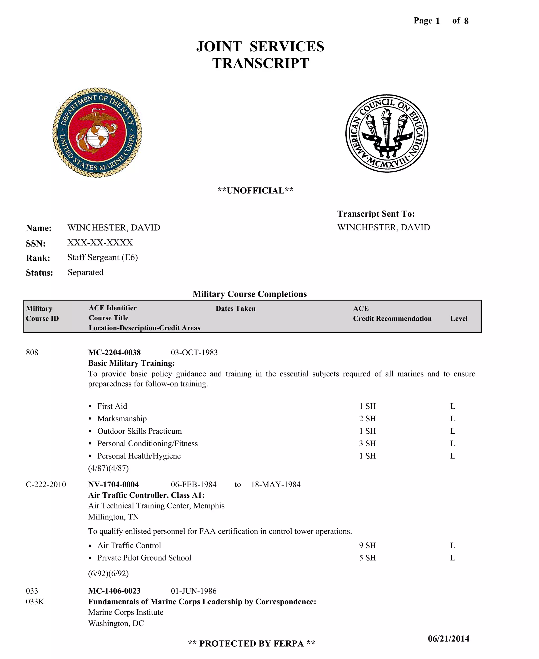 Joint Service Transcripts David Winchester PDF
